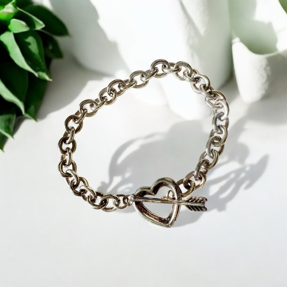 925 Sterling Silver Love Heart Bow & Arrow Round Link Chain Bracelet